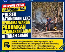 Respons Cepat Laporan 110, Polsek Batanghari Leko Bersama Warga Padamkan Kebakaran Lahan di Tanah Abang