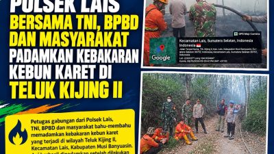 Polsek Lais Bersama TNI, BPBD dan Masyarakat Padamkan Kebakaran Kebun Karet di Teluk Kijing II
